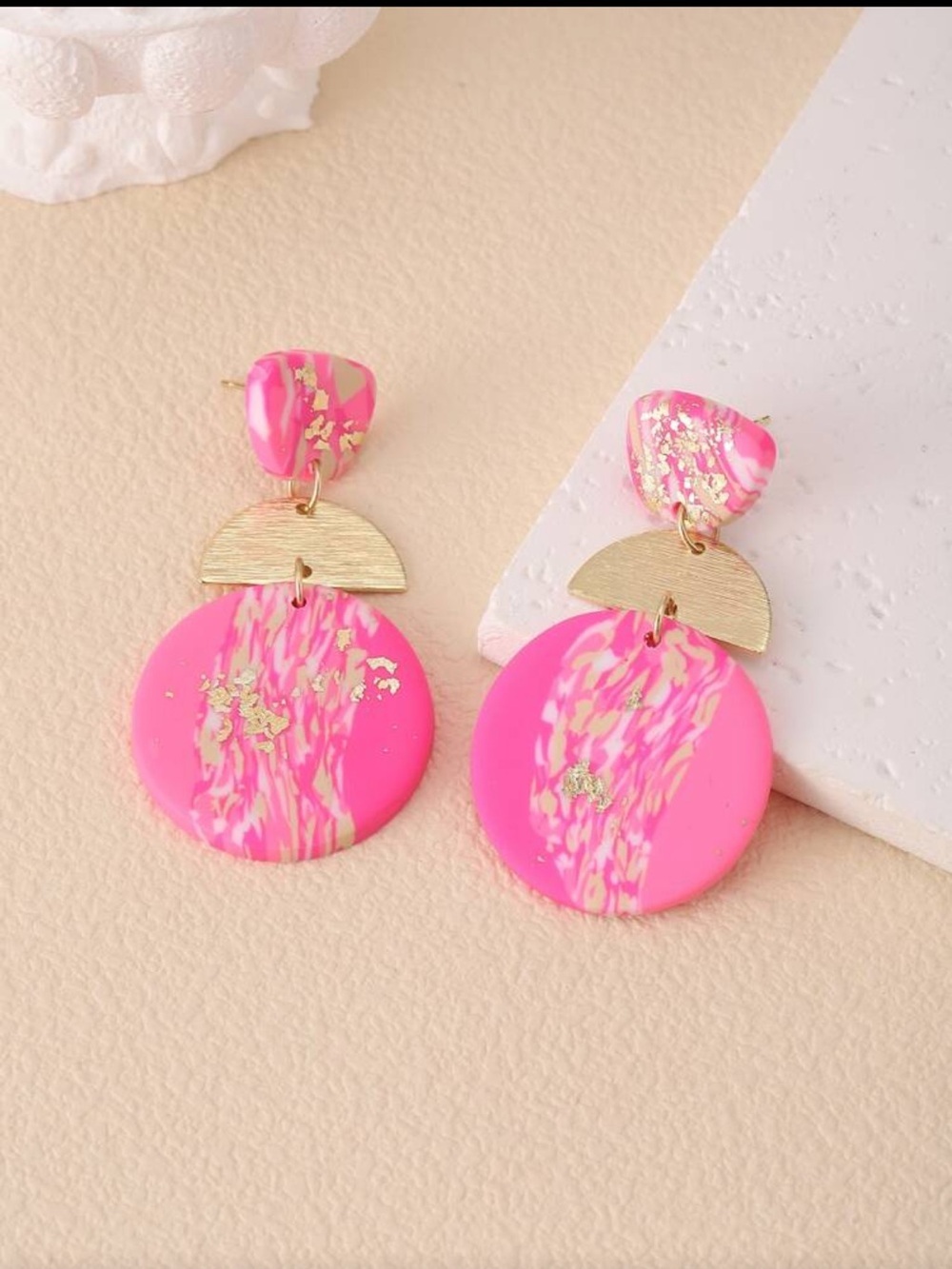 Hot Pink Marbled Drop Earrings with Gold Half-Moon - Picture 4 of 10